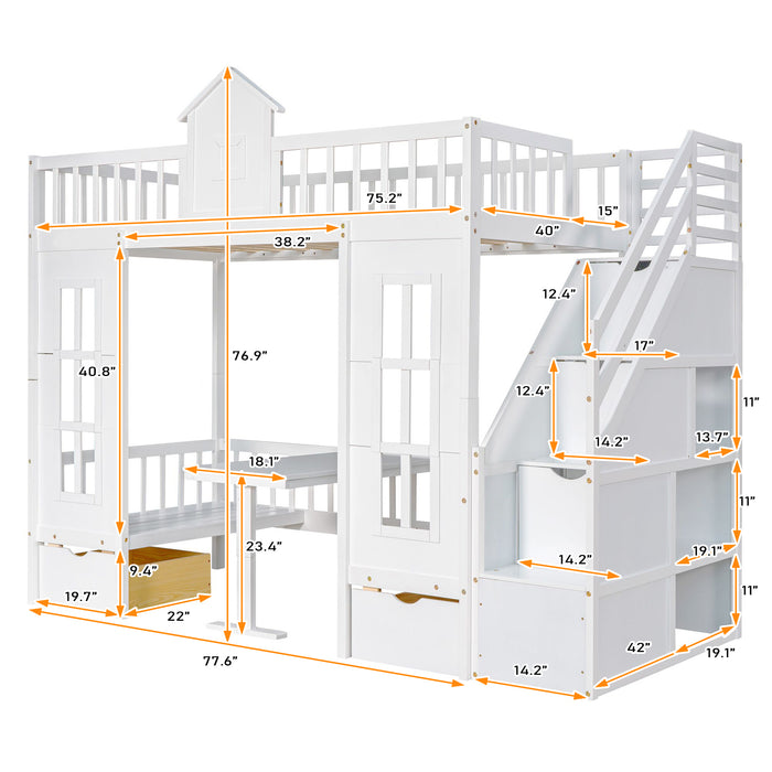 GFD Home - Twin-Over-Twin Bunk Bed with Changeable Table , Bunk Bed  Turn into Upper Bed and Down Desk with 2 Drawers - White - GreatFurnitureDeal