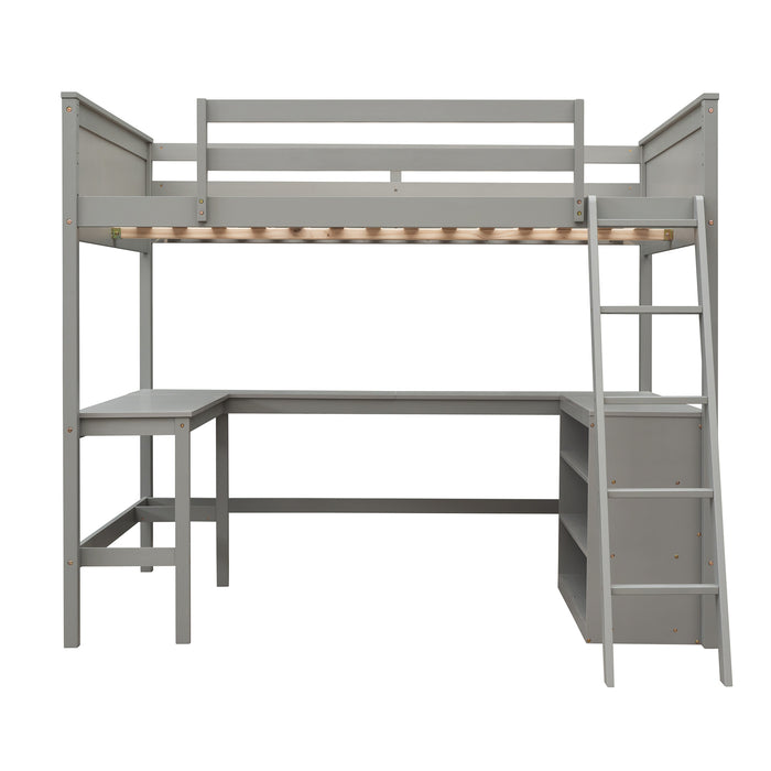 GFD Home - Full size Loft Bed with Shelves and Desk, Wooden Loft Bed with Desk - Gray - GreatFurnitureDeal