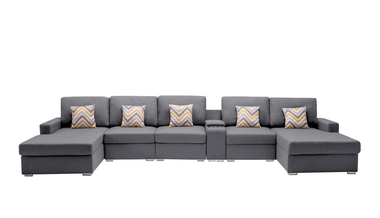 GFD Home - Nolan Gray Linen Fabric 6Pc Double Chaise Sectional Sofa with Interchangeable Legs, a USB, Charging Ports, Cupholders, Storage Console Table and Pillows - GreatFurnitureDeal