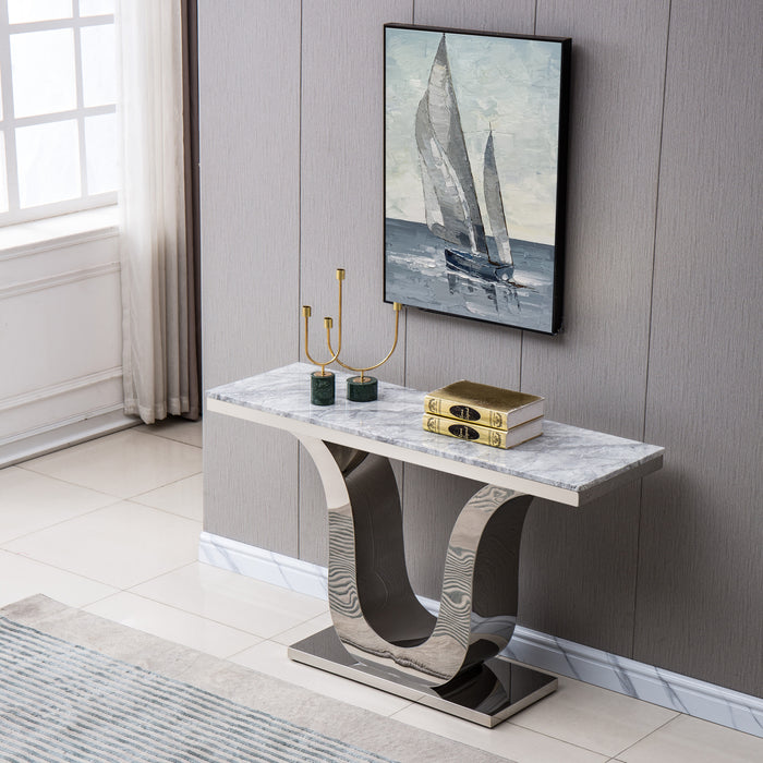 GFD Home - Modern Rectangular Marble Console Table, 0.71" Thick Marble Top, U Shape Stainless Steel Base with Silver Mirrored Finish, Size:50"Lx16"Dx30"H - GreatFurnitureDeal