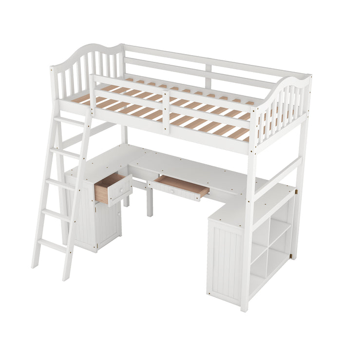 GFD Home - Twin size Loft Bed with Drawers, Cabinet, Shelves and Desk, Wooden Loft Bed with Desk - White(OLD SKU :LT000505AAK) - GreatFurnitureDeal