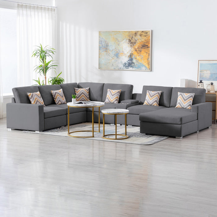 GFD Home - Nolan Gray Linen Fabric 7Pc Reversible Chaise Sectional Sofa with a USB, Charging Ports, Cupholders, Storage Console Table and Pillows and Interchangeable Legs - GreatFurnitureDeal