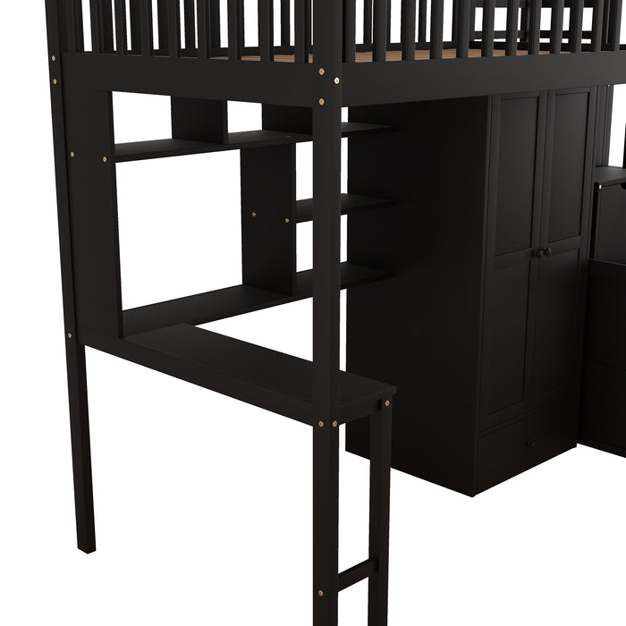 GFD Home - Twin size Loft Bed with Bookshelf,Drawers,Desk,and Wardrobe-Espresso - GreatFurnitureDeal