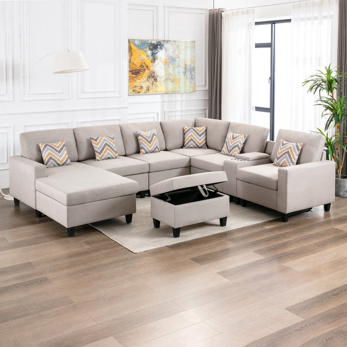 GFD Home - Nolan Beige Linen Fabric 8Pc Reversible Chaise Sectional Sofa with Interchangeable Legs, Pillows, Storage Ottoman, and a USB, Charging Ports, Cupholders, Storage Console Table - GreatFurnitureDeal