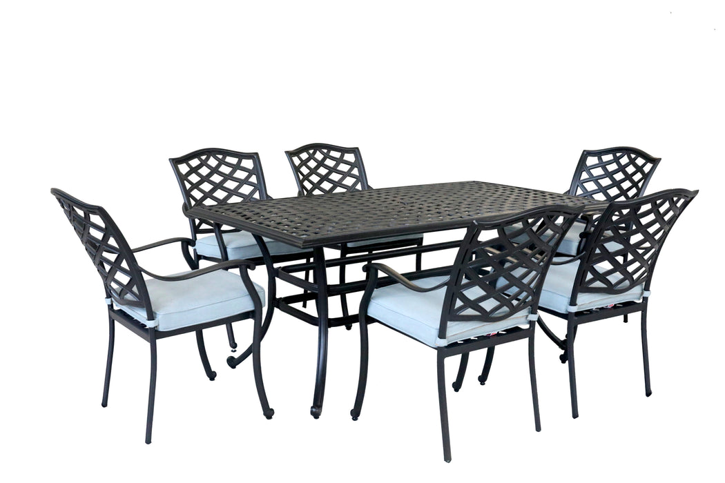 GFD House - Aluminum 7-Piece Rectangular Dining Set With 6 Arm Chairs, Light Blue - GreatFurnitureDeal