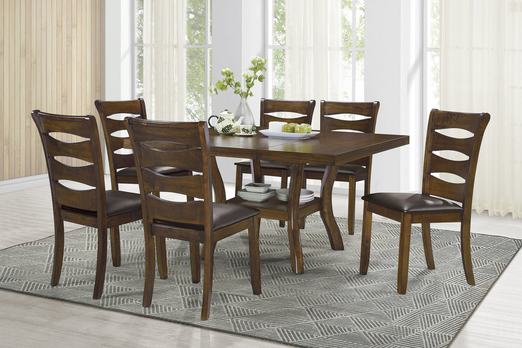 GFD Home - Transitional Dining Room Furniture 7pc Dining Set Table w Self-Storing Leaf and 6x Side Chairs Brown Finish Wooden Furniture - GreatFurnitureDeal