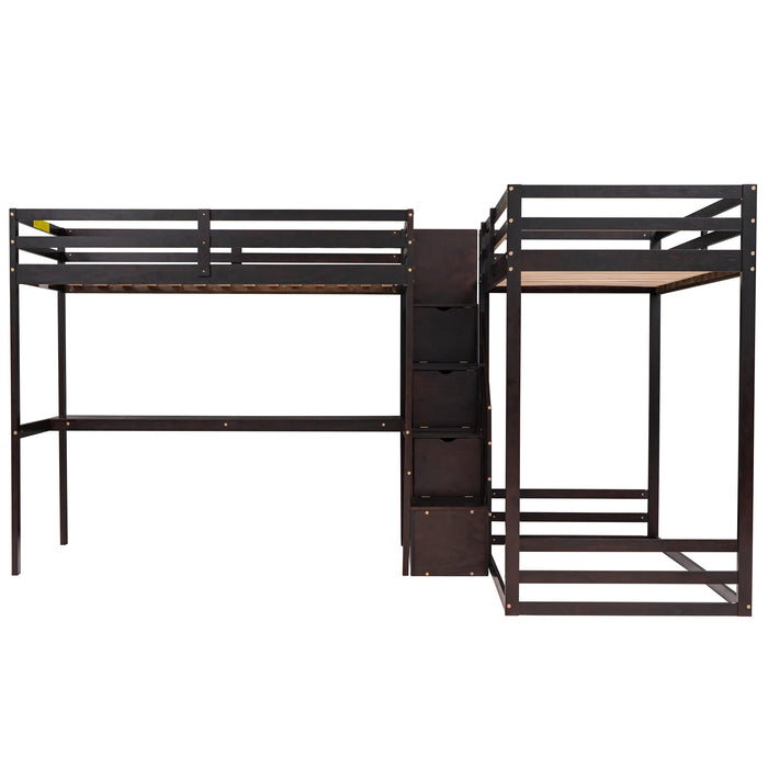 GFD Home - L-Shaped Twin Size Bunk Bed and Loft Bed with Built-in Middle Staircase and Desk,Espresso - GreatFurnitureDeal