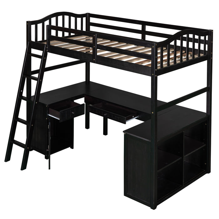 GFD Home - Twin size Loft Bed with Drawers, Cabinet, Shelves and Desk, Wooden Loft Bed with Desk - Espresso(OLD SKU :LP000505AAP) - GreatFurnitureDeal