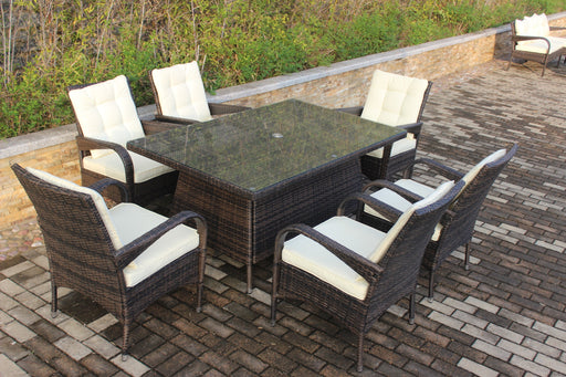 GFD Home - Patio 7-Piece Rectangular Dining Set with 6 Dining Chairs (Brown &Beige Cushion ) - GreatFurnitureDeal