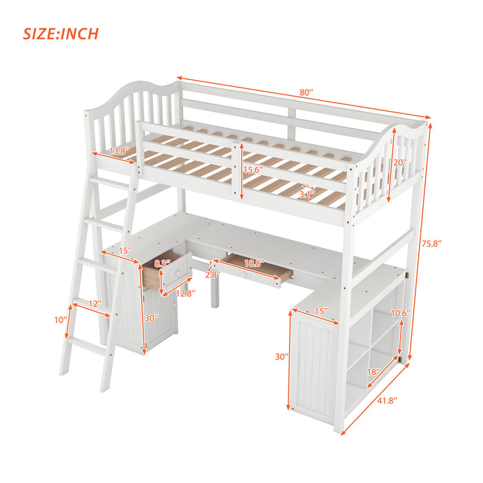 GFD Home - Twin size Loft Bed with Drawers, Cabinet, Shelves and Desk, Wooden Loft Bed with Desk - White(OLD SKU :LT000505AAK) - GreatFurnitureDeal