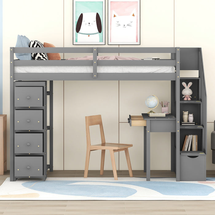 GFD Home - Twin size Loft Bed with Storage Drawers ,Desk and Stairs, Wooden Loft Bed with Shelves - Gray - GreatFurnitureDeal