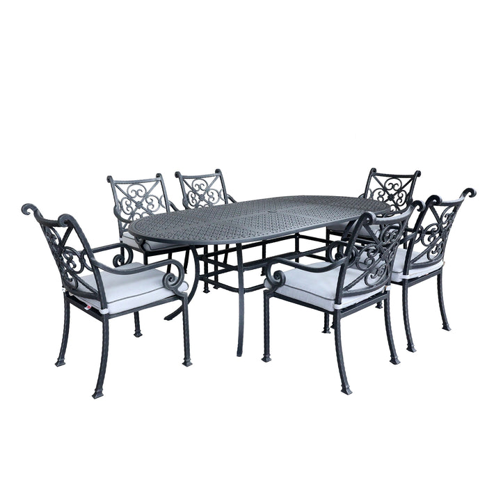 GFD Home - Outdoor Aluminum 7-Piece Oval Dining Set With 6 Arm Chairs, Blue - GreatFurnitureDeal