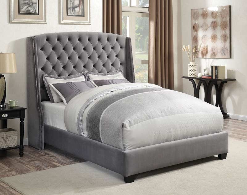Coaster Furniture - Pissarro Grey Velvet Queen Platform Bed - 300515Q - GreatFurnitureDeal