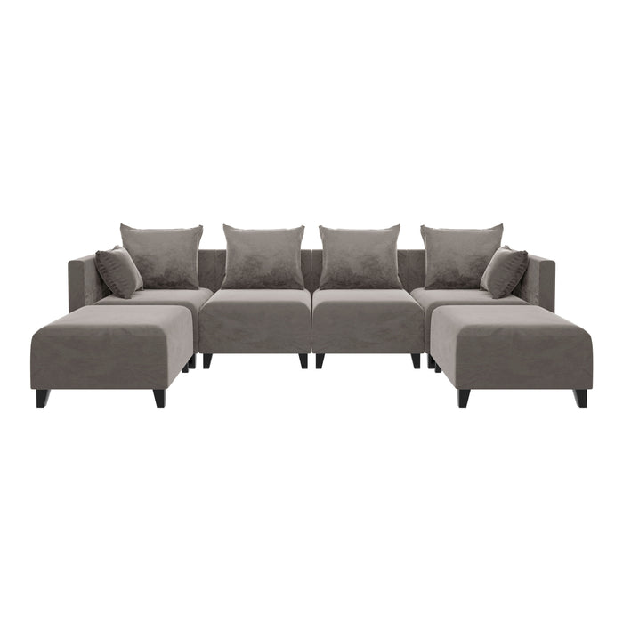 GFD Home - Sectional Sofa U Shape Module Couch Velvet 6 Pillows for Living Room, Camel - GreatFurnitureDeal