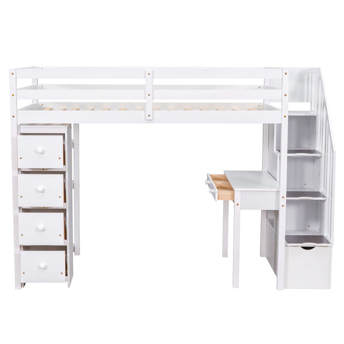 GFD Home - Twin size Loft Bed with Storage Drawers ,Desk and Stairs, Wooden Loft Bed with Shelves - White - GreatFurnitureDeal