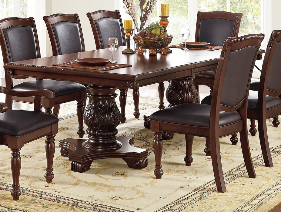 GFD Home - Majestic Royal Dining Room Table w Leaf 2x Arm Chairs And 6x Side Chairs Brown 9pc Set Rubberwood Dining Table Double Pedestal Base Rectangle Table - GreatFurnitureDeal