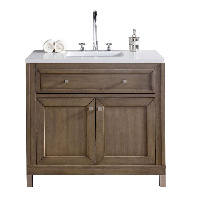 James Martin Furniture - Chicago 36" White Washed Walnut Single Vanity with 3 CM Carrara Marble Top - 305-V36-WWW-3CAR