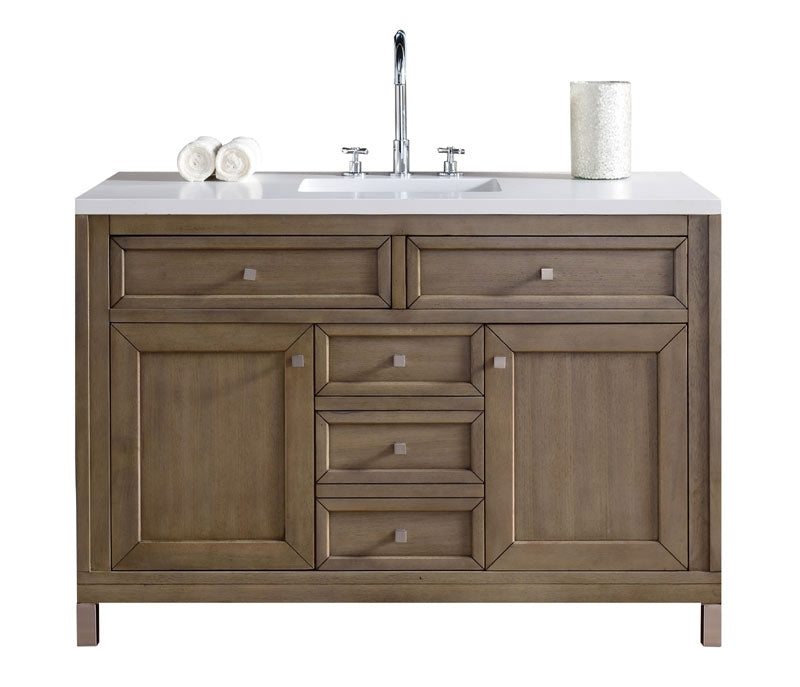 James Martin Furniture - Chicago 48" White Washed Walnut Single Vanity with 3 CM Arctic Fall Solid Surface Top - 305-V48-WWW-3AF - GreatFurnitureDeal