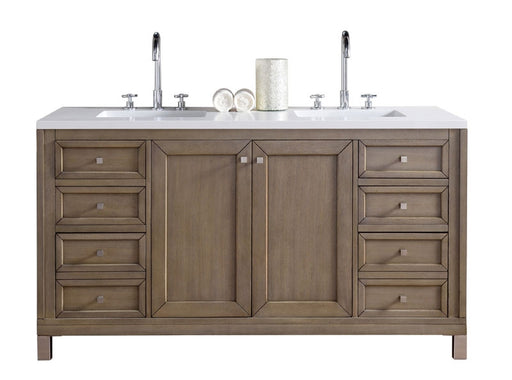 James Martin Furniture - Chicago 60" White Washed Walnut Double Vanity with 3 CM Carrara Marble Top - 305-V60D-WWW-3CAR