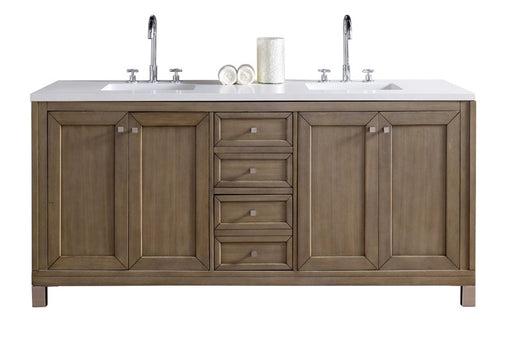 James Martin Furniture - Chicago 72" White Washed Walnut Double Vanity with 3 CM Arctic Fall Solid Surface Top - 305-V72-WWW-3AF - GreatFurnitureDeal