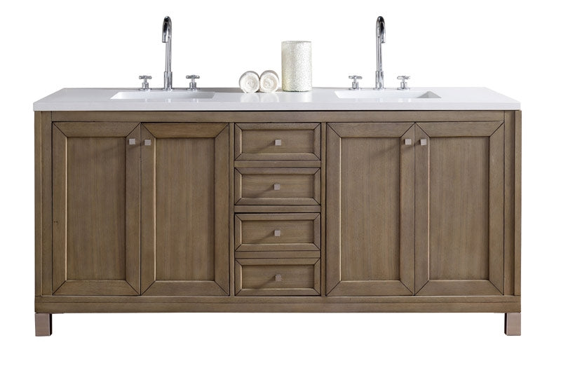 James Martin Furniture - Chicago 72" White Washed Walnut Double Vanity with 3 CM Carrara Marble Top - 305-V72-WWW-3CAR