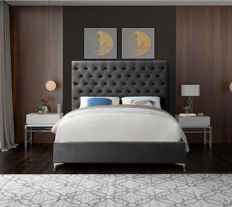 Meridian Furniture - Cruz Velvet Queen Bed in Grey - CruzGrey-Q - GreatFurnitureDeal