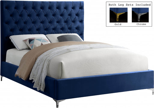 Meridian Furniture - Cruz Velvet Queen Bed in Navy - CruzNavy-Q - GreatFurnitureDeal
