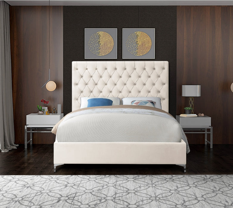 Meridian Furniture - Cruz Velvet Queen Bed in Cream - CruzCream-Q - GreatFurnitureDeal