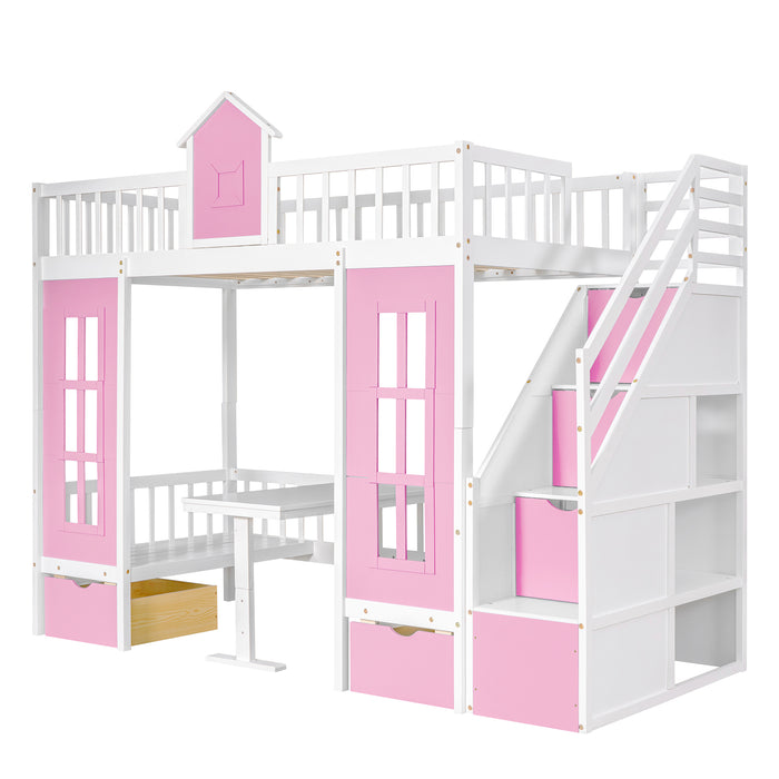 GFD Home - Twin-Over-Twin Bunk Bed with Changeable Table , Bunk Bed  Turn into Upper Bed and Down Desk with 2 Drawers - Pink - GreatFurnitureDeal