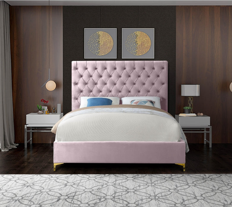 Meridian Furniture - Cruz Velvet Queen Bed in Pink - CruzPink-Q - GreatFurnitureDeal