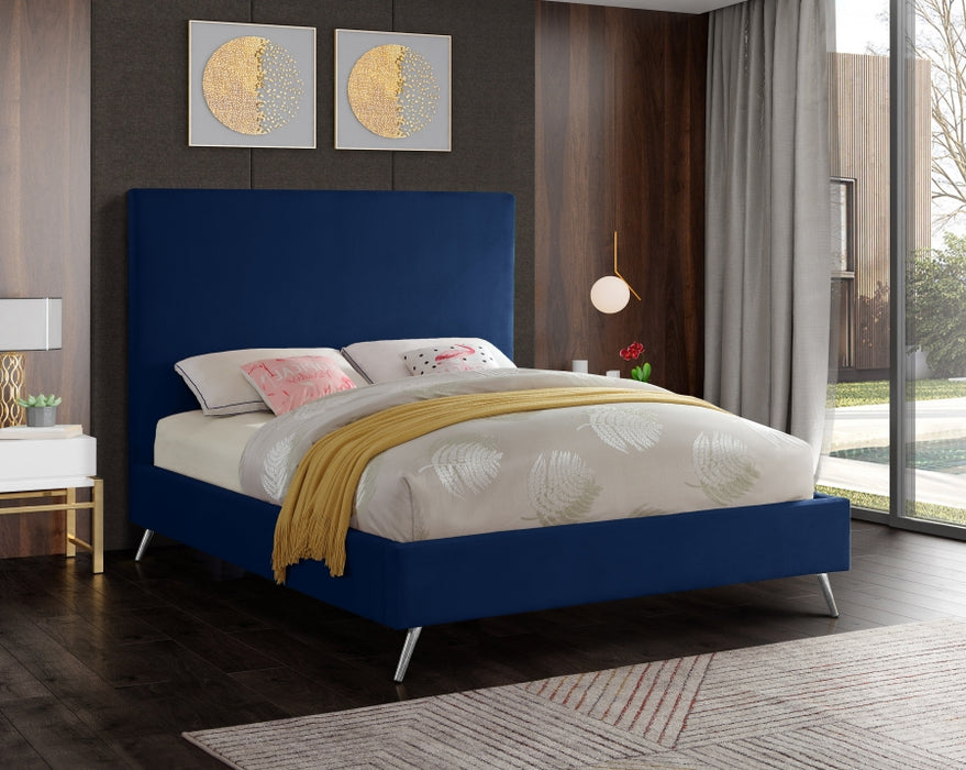 Meridian Furniture - Jasmine Velvet Queen Bed in Navy - JasmineNavy-Q - GreatFurnitureDeal