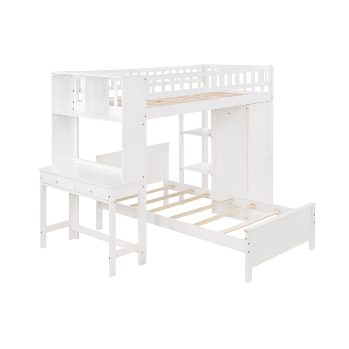 GFD Home - Twin Size Loft Bed with Closet and Desk, Extra Bottom Twin Bed, White - GreatFurnitureDeal