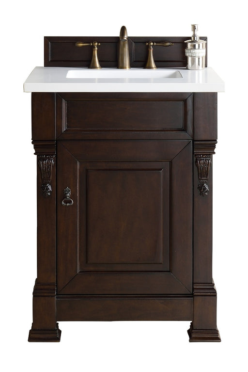 James Martin Furniture - Brookfield 26" Burnished Mahogany Single Vanity w- 3 CM Classic White Quartz Top - 147-114-V26-BNM-3CLW - GreatFurnitureDeal