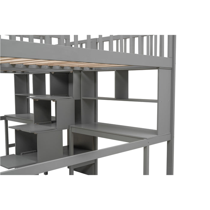 GFD Home - Twin & Twin Size Loft Bed with 2 Built-in Desks and Shelves, Storage Staircase, Gray - GreatFurnitureDeal