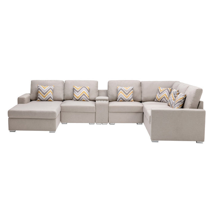 GFD Home - Nolan Beige Linen Fabric 7Pc Reversible Chaise Sectional Sofa with a USB, Charging Ports, Cupholders, Storage Console Table and Pillows and Interchangeable Legs - GreatFurnitureDeal