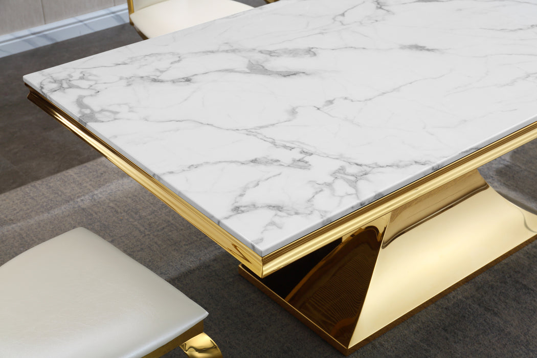 GFD Home - Luxurious Design Marble Rectangular Dining Table with Gold Mirrored Finish Stainless Steel Base - GreatFurnitureDeal