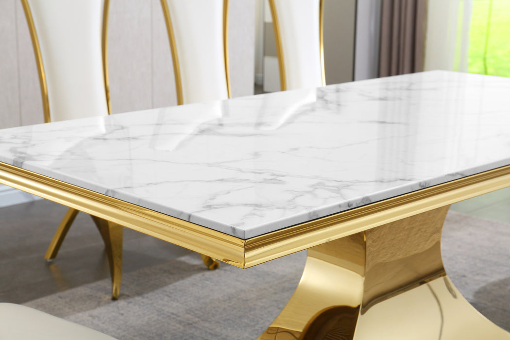 GFD Home - Luxurious Design Marble Rectangular Dining Table with Gold Mirrored Finish Stainless Steel Base - GreatFurnitureDeal