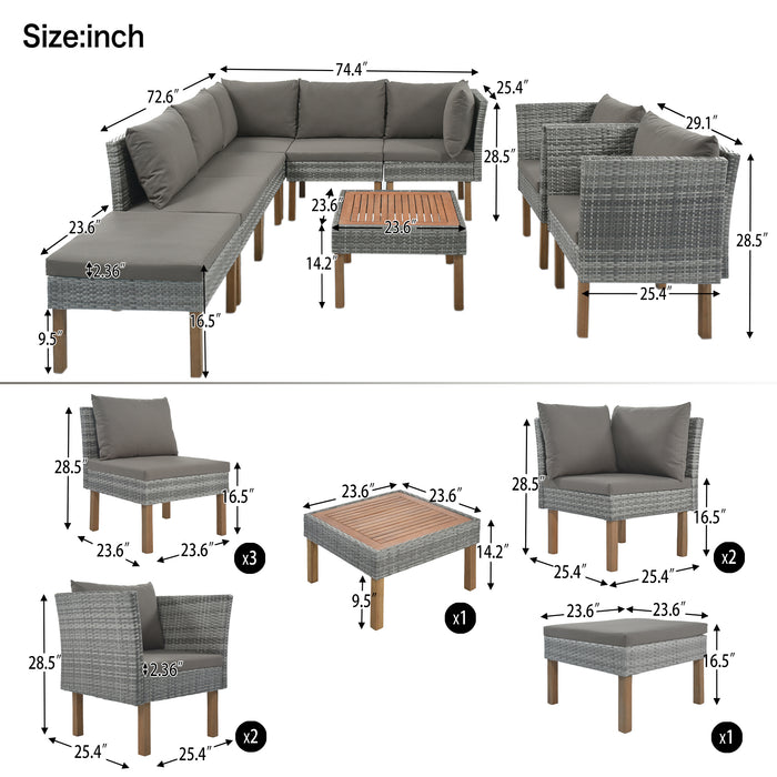 GFD Home - GO 9-Piece Outdoor Patio Garden Wicker Sofa Set, Gray PE Rattan Sofa Set, with Wood Legs, Acacia Wood Tabletop, Armrest Chairs with Gray Cushions - GreatFurnitureDeal