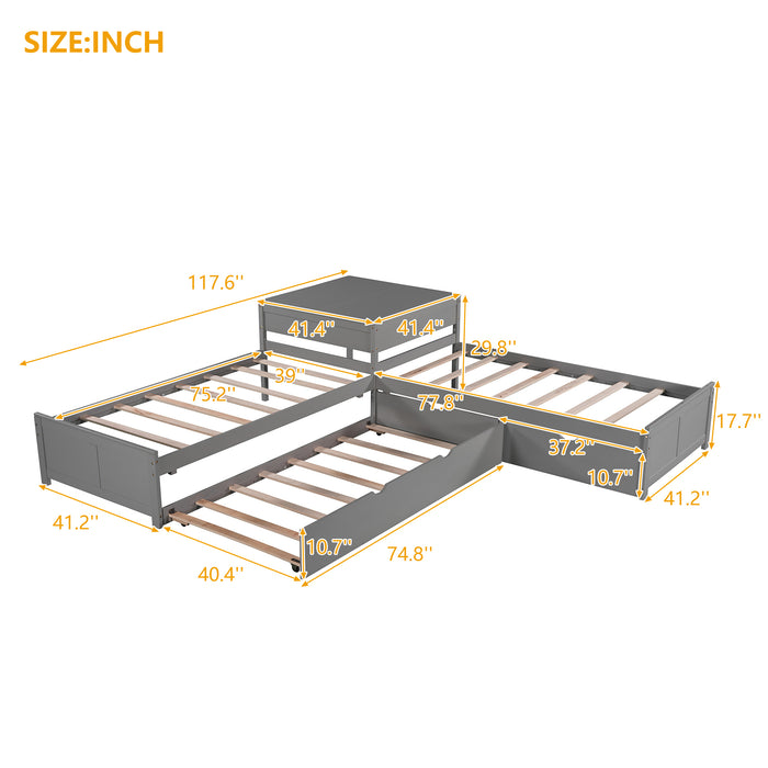 GFD Home - L-shaped Platform Bed with Trundle and Drawers Linked with built-in Desk,Twin,Gray - GreatFurnitureDeal