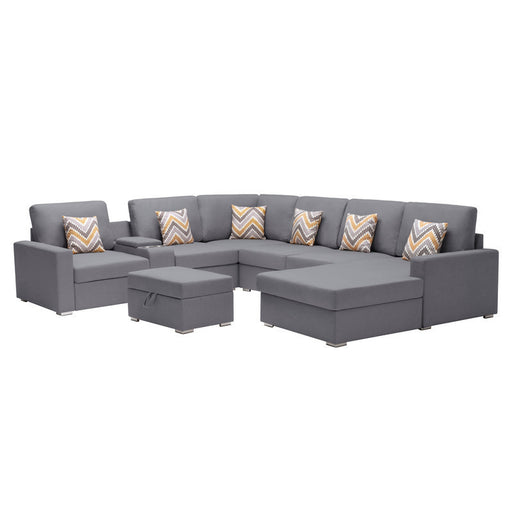 GFD Home - Nolan Gray Linen Fabric 8Pc Reversible Chaise Sectional Sofa with Interchangeable Legs, Pillows, Storage Ottoman, and a USB, Charging Ports, Cupholders, Storage Console Table - GreatFurnitureDeal