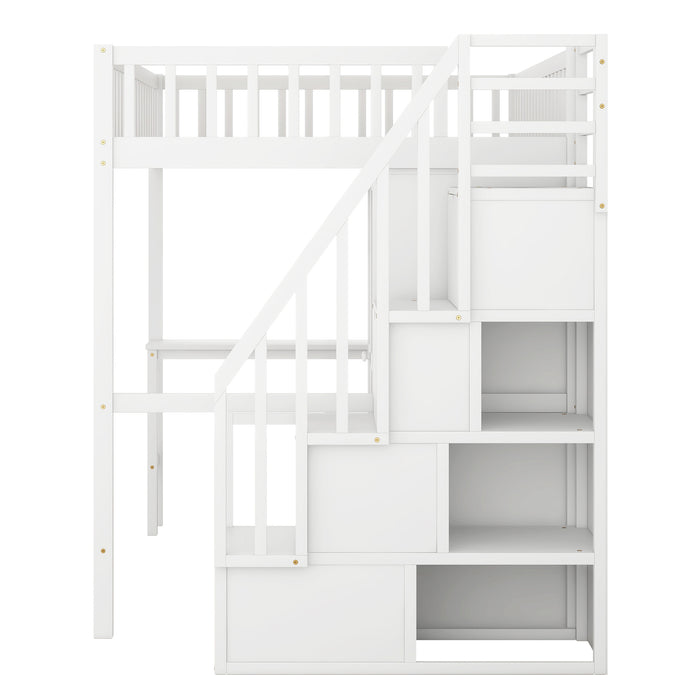 GFD Home - Full size Loft Bed with Bookshelf,Drawers,Desk,and Wardrobe-White - GreatFurnitureDeal