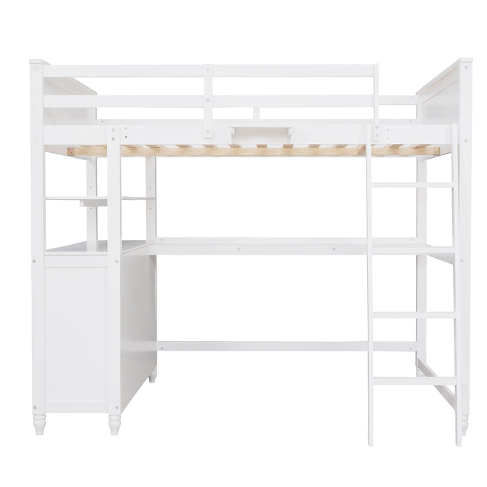 GFD Home - Full size Loft Bed with Drawers and Desk, Wooden Loft Bed with Shelves - White(OLD SKU:LT000529AAK) - GreatFurnitureDeal