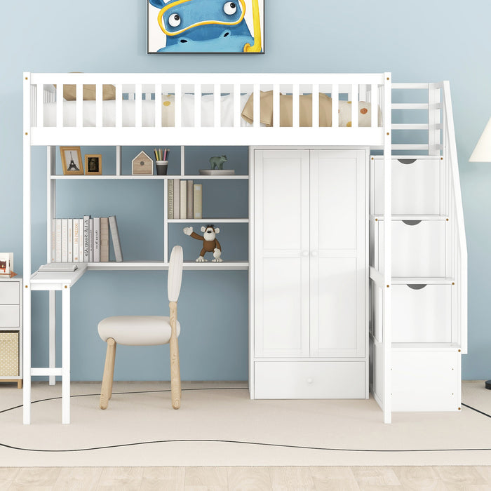 GFD Home - Full size Loft Bed with Bookshelf,Drawers,Desk,and Wardrobe-White - GreatFurnitureDeal