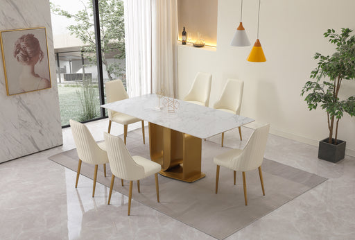 GFD House - 71" Contemporary Dining Table  Sintered Stone  U shape Pedestal Base in Gold finish with 6 pcs Chairs . - GreatFurnitureDeal