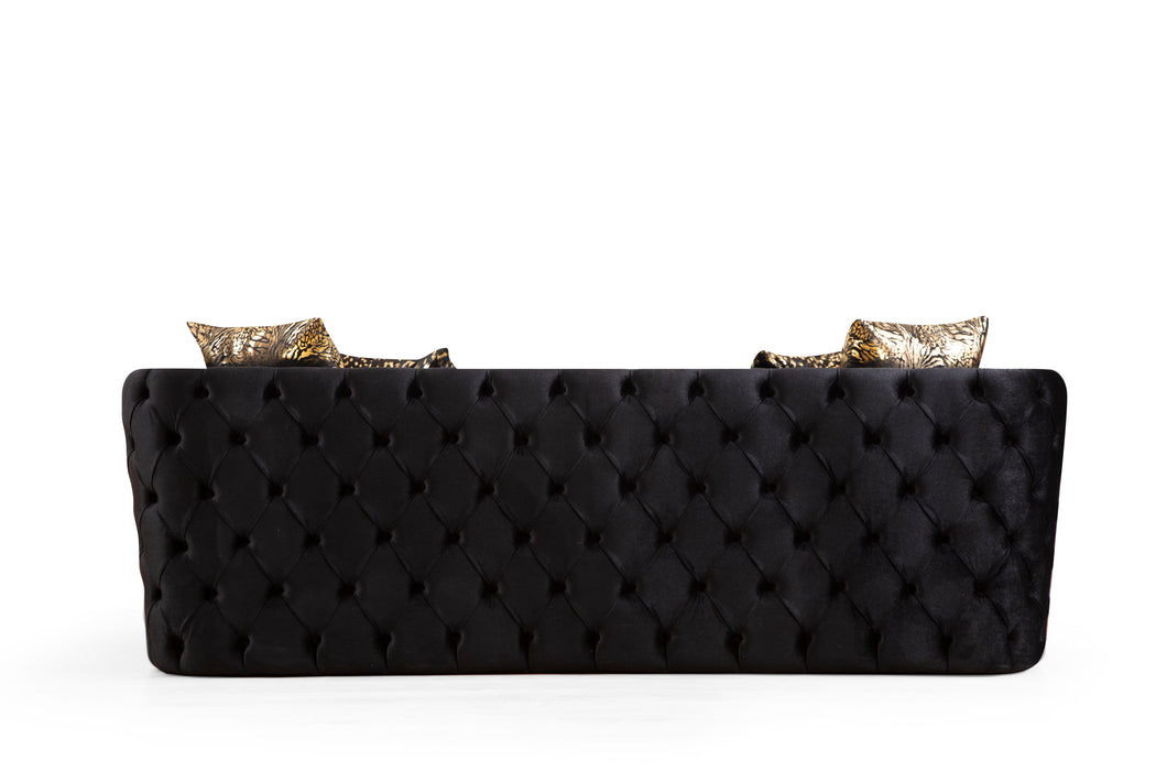 GFD Home - Naomi Button Tufted Sofa Finished with Velvet Fabric and Gold Accent in Black - GreatFurnitureDeal