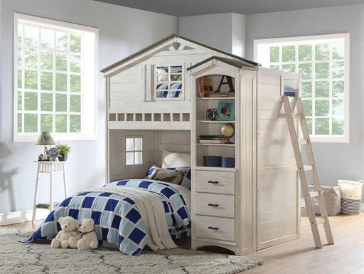 Acme Furniture - Tree House Weathered White & Washed Gray Twin Loft Bed with Bookcase - 37165-68 - GreatFurnitureDeal