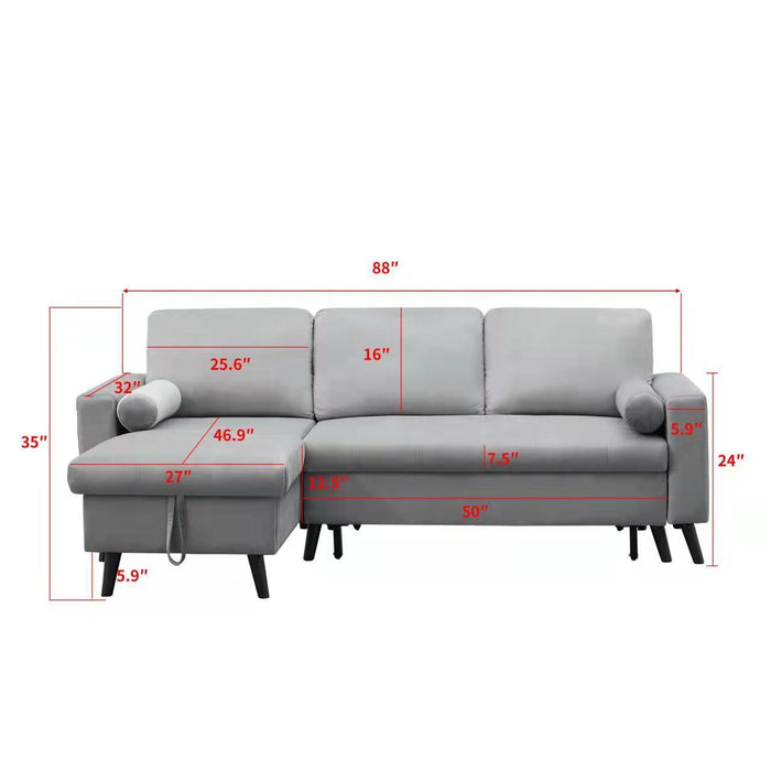 GFD Home - 88" Reversible Pull out Sleeper Sectional Storage Sofa Bed,Corner sofa-bed with Storage Chaise Left/Right Handed Chaise - GreatFurnitureDeal