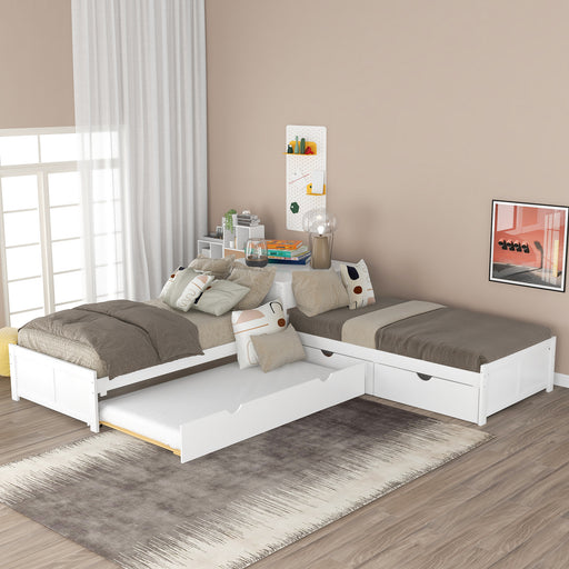 GFD Home - L-shaped Platform Bed with Trundle and Drawers Linked with built-in Desk,Twin,White - GreatFurnitureDeal