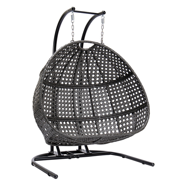 GFD Home - Charcoal Wicker Hanging Double-Seat Swing Chair with Stand w/Dust Blue Cushion - GreatFurnitureDeal