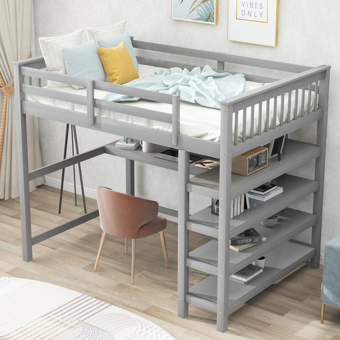 GFD Home - Full Size Loft Bed with Storage Shelves and Under-bed Desk, Gray(OLD SKU:SM000246AAE-1) - GreatFurnitureDeal